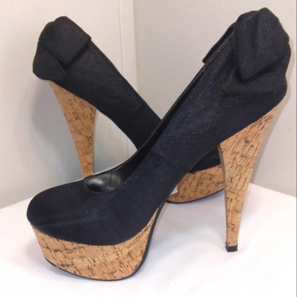 NWT Charlotte Russe 'Paloma' Black and Cork Platform Heels with bow Size 8 - Picture 11 of 12